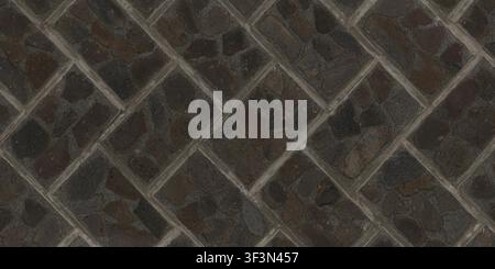 A dark volcanic stone surface laid in a herringbone pattern with light grey grout lines between the masonry blocks. Stock Photo