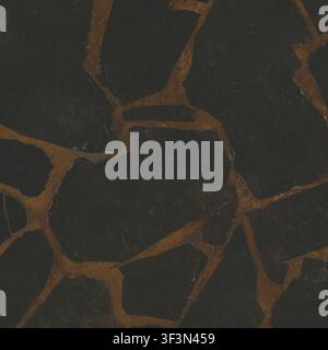 A luxurious dark black marble floor with prominent golden-brown cracks and veining pattern. Stock Photo
