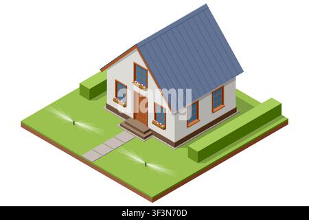 Isometric suburban house with green lawn, hedge, path and active sprinkler units, illustrating residential irrigation, garden maintenance, property Stock Vector
