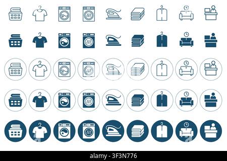 Vector laundry service icon set with basket, shirt, washer, dryer, iron, towel, garment, waiting area and counter symbols in outline, solid and Stock Vector