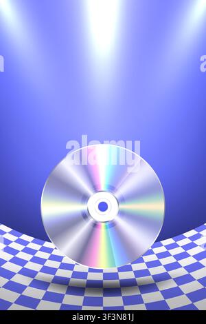 Retro Y2K aesthetic compact disc CD DVD vector illustration background template with blue checkerboard floor, spotlight beam, and iridescent holograph Stock Vector