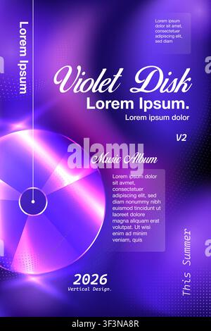 Abstract purple vertical music poster background vector illustration with glowing CD disk, gradient violet fluid light effects, and layout sample text Stock Vector