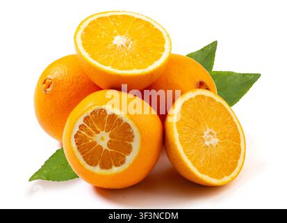 Fresh Navel Oranges Whole and Halved Showing Pulp Stock Photo