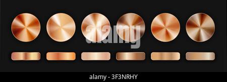 Radial realistic gradient bronze metallic pack isolated on black background with shadows. Copper chrome circle and rectangle button or award medal set Stock Vector