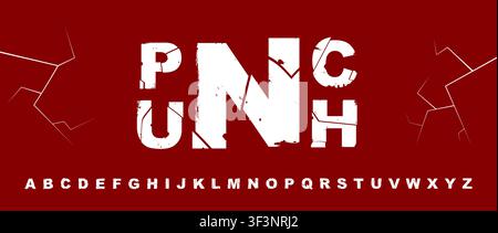 White broken font made with broken stylized letters. Decorative alphabet bold grunge type isolated on red background. The Punch sign. Vector illustrat Stock Vector