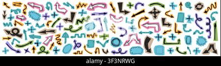 Big set of grunge, doodle, graffiti, hand drawn paper cutted arrows, plus signs and border frames isolated on white background. Sketch style ink symbo Stock Vector