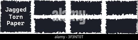Jagged black paper torn pack isolated. Rectangle and square parts set with jagged edge shapes. Rectangle torn paper shape. Grunge border frames paper Stock Vector