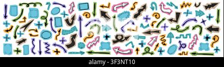 Big set of grunge, doodle, graffiti, hand drawn paper cutted arrows, plus signs and border frames isolated on white background. Sketch style ink symbo Stock Vector