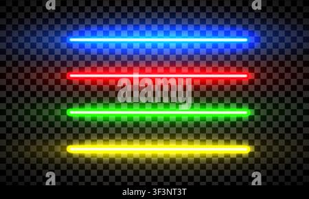 Realistic led neon tube light pack isolated on transparent background. Blue, red, green and yellow light. Vector illustration Stock Vector