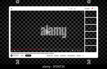 Black and white video player template with side playlist for web and mobile apps isolated on transparent background. Vector illustration Stock Vector