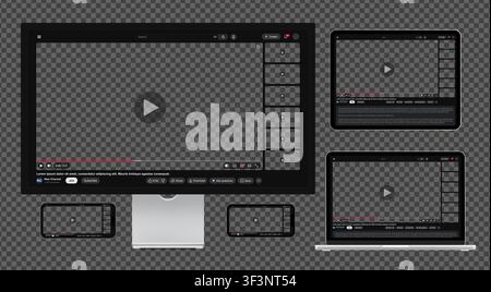 Video player template with side playlist night view for web and mobile apps on phones, monitor, laptop and tablet isolated on dark transparent backgro Stock Vector