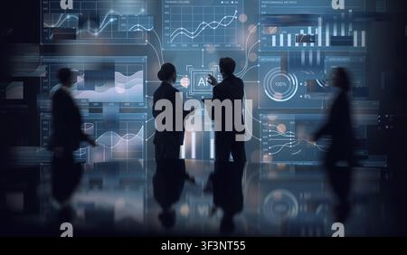 Dynamic image capturing business professionals engaged with advanced AI analytics in a sleek digital environment. Interactive data charts and futurist Stock Photo