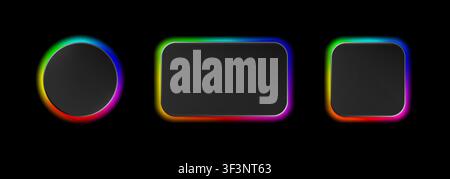 Raibbow neomorphism glowing radial gradient frame pack. Blurry RGB spectrum buttons. Soft gradient color 3D wheel isolated on black background. Square Stock Vector