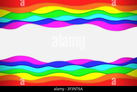 Rainbow waves layered art paper wide background. 3D origami design isolated on white background. Vector illustration Stock Vector