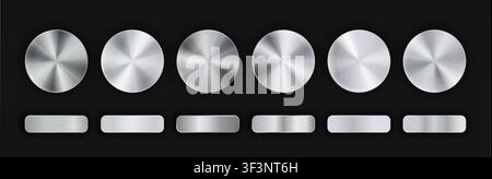 Radial realistic gradient silver metallic pack isolated on black background with shadows. Steel chrome circle and rectangle button or award medal set. Stock Vector