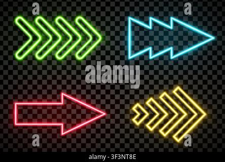 Arrows sign pack in realistic led neon tube style isolated on transparent background. Green, cyan, red, yellow. Vector illustration Stock Vector