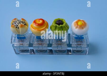 Artisan Food Keycaps Installed on Mechanical Keyboard Switch Tester Stock Photo