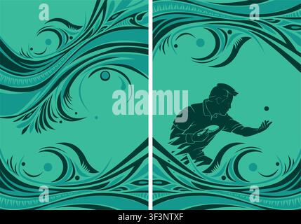 Abstract Table Tennis Player Silhouette with Flowing Green Waves Background Stock Vector