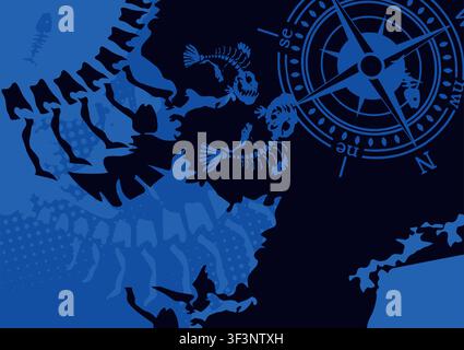 Grunge Blue Maritime Background with Compass Rose and Bone Fish Elements Stock Vector