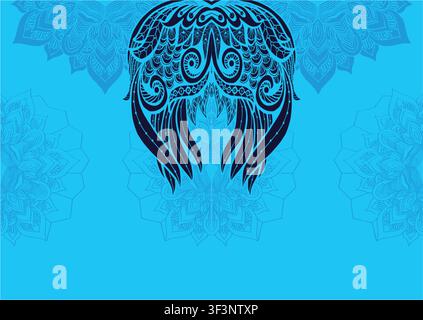 Abstract Blue Tribal Wing Ornament with Floral Mandala Background Stock Vector