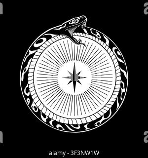 Black and white circular emblem of an Ouroboros, a snake biting its own tail. The center contains a large star with radiating lines Stock Vector