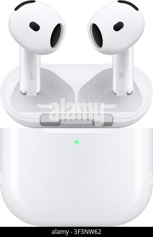 Photorealistic detailed Apple AirPods 4 with Active Noise Cancellation and charging case mockup. Front view isolated on transparent background. Vector Stock Vector