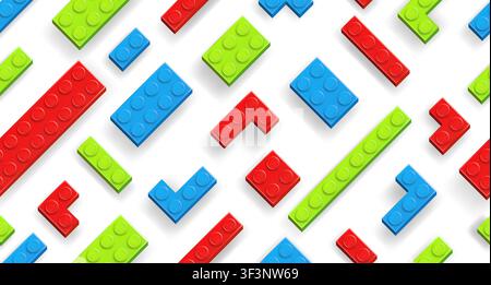Seamless background made with realistic multicolor Lego plastik constructor blocks on white background with shadows. Vector editorial illustration Stock Vector