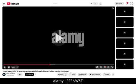 Youtube Premium light mode video player new design 2026 template with side playlist for web and mobile apps flat style. Vector illustration Stock Vector