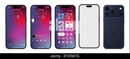 Photorealistic detailed Apple Iphone 17 Pro Max Deep Blue basic IU mockup with purple background isolated. iOS 26, liquid grass 2026 full template des Stock Vector