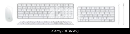 Apple input devices: magic keyboard with touch ID, mouse, Pincil and Pencil Pro isolated on white background. White and silver collection. Vector illu Stock Vector