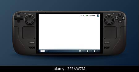 Photorealistic detailed Valve Steam Deck Oled portable console mockup template. Front view with empty screan isolated on ambient blue background. Vect Stock Vector