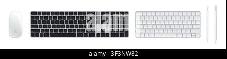 Apple input devices: magic keyboard with touch ID, mouse, Pincil and Pencil Pro isolated on white background. White, black and silver collection. Vect Stock Vector