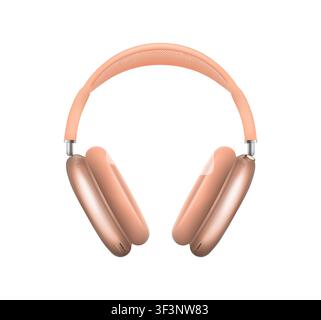 Photorealistic detailed Apple AirPods Max 2 2026 Orange mockup. Front view isolated on white background. Vector editorial illustration Stock Vector