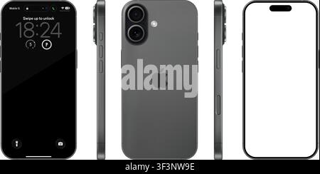 Photorealistic detailed Apple Iphone 17 Black mockup. Front, rear and side views isolated on transparent background. Vector editorial PNG Stock Vector