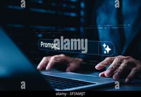 AI prompt engineering concept. Businessman using generative artificial intelligence interface to create digital content, automate workflows, improve Stock Photo