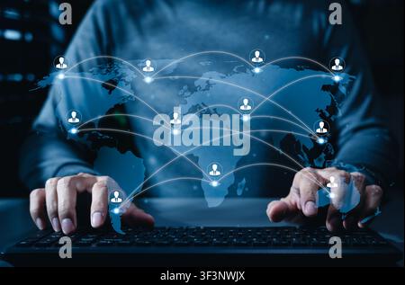 Global business network and remote workforce connection concept with world map, international user profiles, digital communication links, distributed Stock Photo