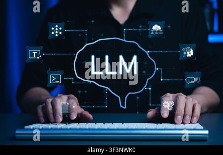 LLM large language model. generative AI technology. chatbot artificial intelligence. developer using prompt engineering, NLP natural language process Stock Photo