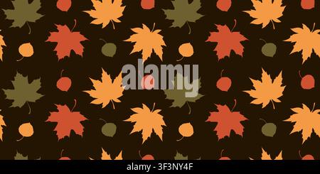 Seamless pattern with colorful autumn leaves on dark brown background flat Stock Vector