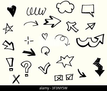 Set of hand drawn elements: arrows, hearts, star, speech bubble, check marks, cross marks in boxes, exclamation mark, question mark, zig zag line Stock Vector