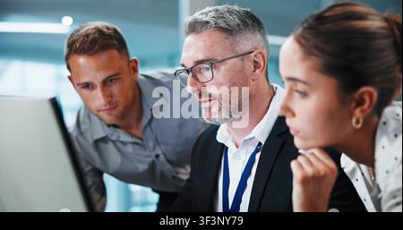 Business, people and mentor with computer in office for coaching, assistance or help. Businessman, executive or working with colleagues on technology Stock Photo
