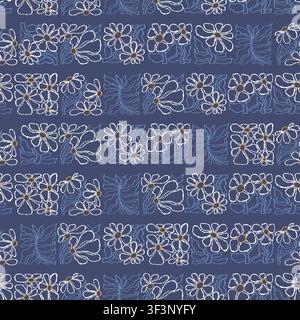 Seamless Botanical Pattern With Hand-Drawn Floral Tiles. Outline Abstract Organic White Flowers and Leaves of Matisse Inspired on Dark Indigo Blue Stock Vector