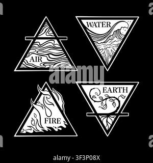 Black and white set of four triangles representing the classical elements. Each triangle features the element's symbol and name. Alchemical and elemen Stock Vector