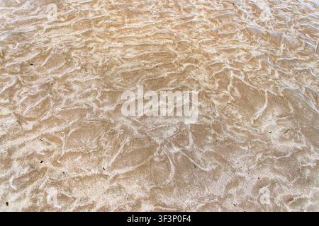 Full frame close up of wet sand displaying intricate natural ripple patterns and textures on Streedagh Beach in Ireland. The image shows abstract line Stock Photo