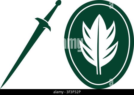 Stylized fantasy weapon set featuring a slender sword and a round shield decorated with a leaf symbol Stock Vector