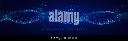 Blockchain Technology Background With Glowing Blue Particle Wave, Digital Data Flow And Network Dots On A Dark Futuristic Banner. Vector Illustration. Stock Vector