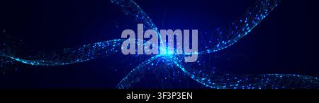 Blue glowing particle waves, digital data flow, luminous network on dark background. Futuristic technology design for banners, websites, presentations Stock Vector