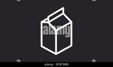 Set of 12 beverage carton and juice box vector icons. White line art style on black background. Milk brick, liquid packaging, and grocery elements col Stock Vector