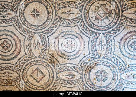 Roman geometric decorative patterns, floor mosaic, villa Romana del Casale, Piazza Armerina, Sicily, Italy Stock Photo
