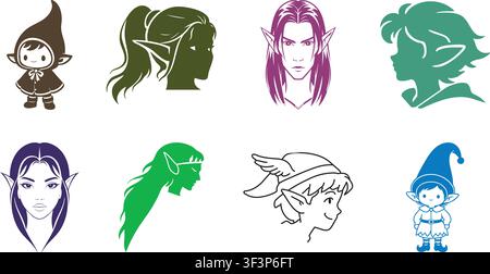A fantasy illustration set featuring various elf and forest sprite characters in different styles. Stock Vector