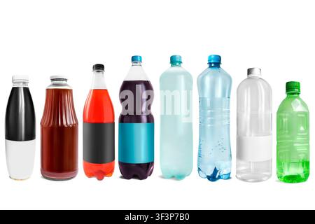 Water and juice bottles isolated on white background Stock Photo